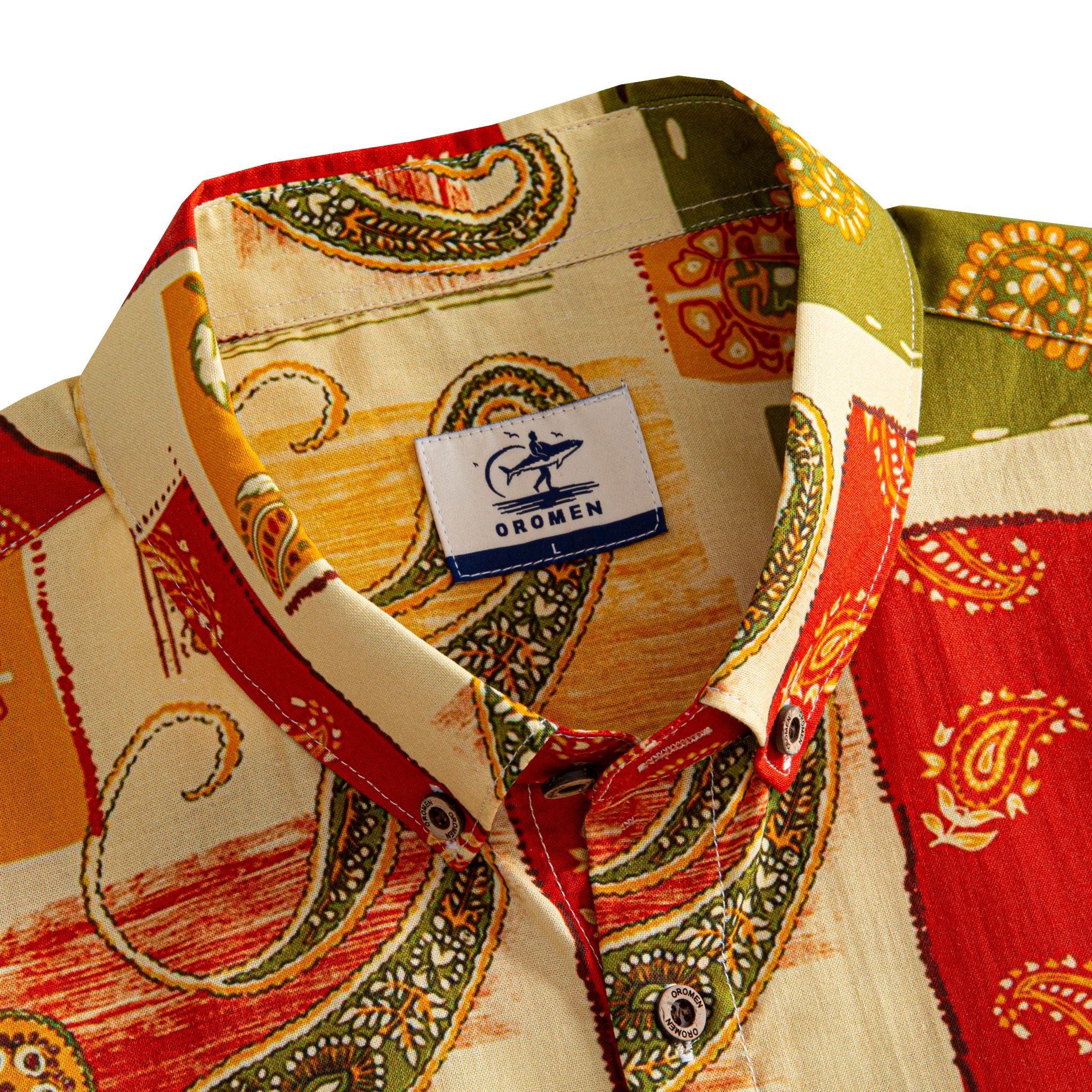 OROMEN Rajasthan Paisley shirt button-down collar detail showing OROMEN branded label and multi-color paisley patchwork panels in crimson, amber and olive