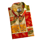 OROMEN Rajasthan Paisley shirt folded display showing branded label, coconut buttons and multi-color paisley patchwork print in crimson, amber and olive on cream ground