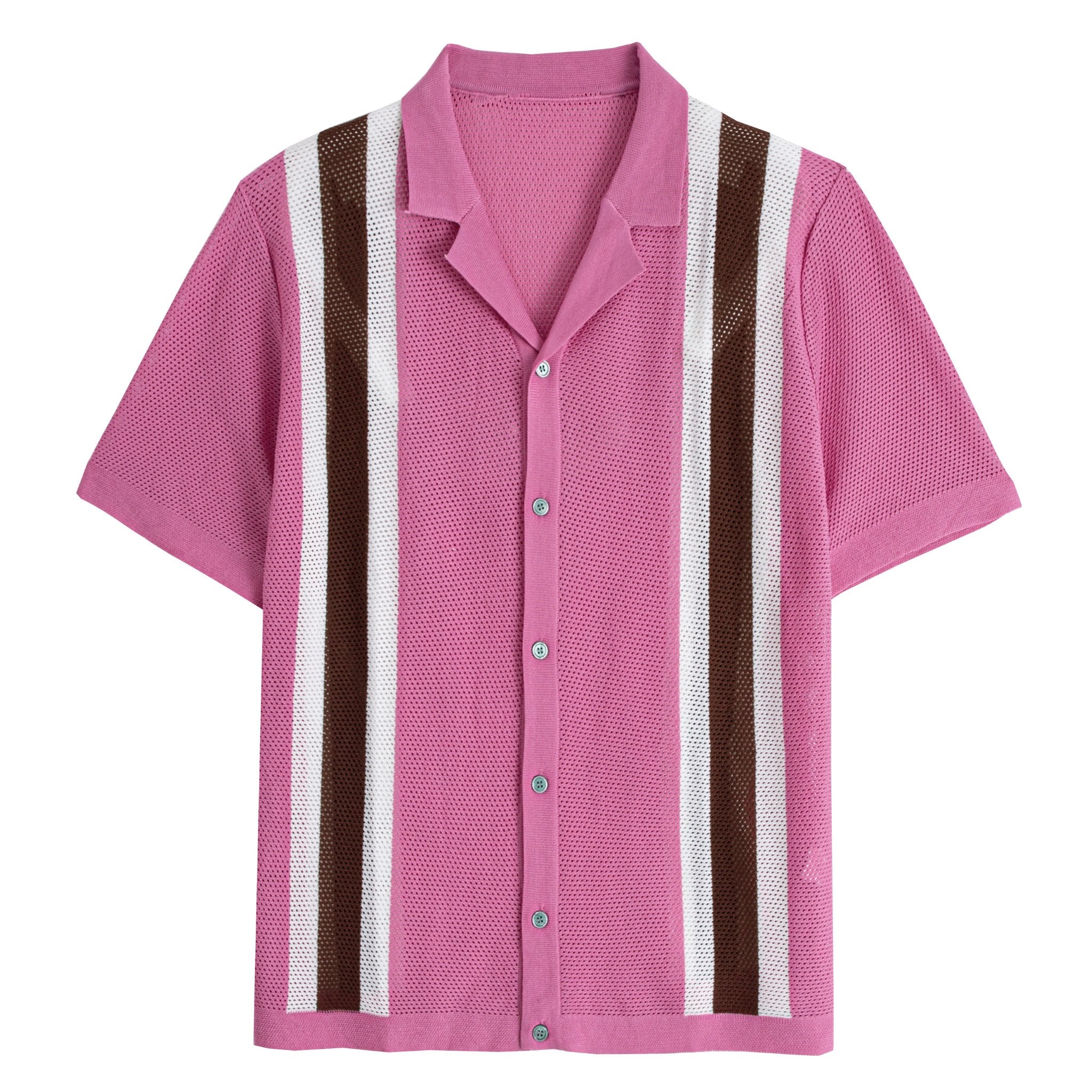 OROMEN Raspberry Pink Striped Open-Knit Polo Shirt – Front View