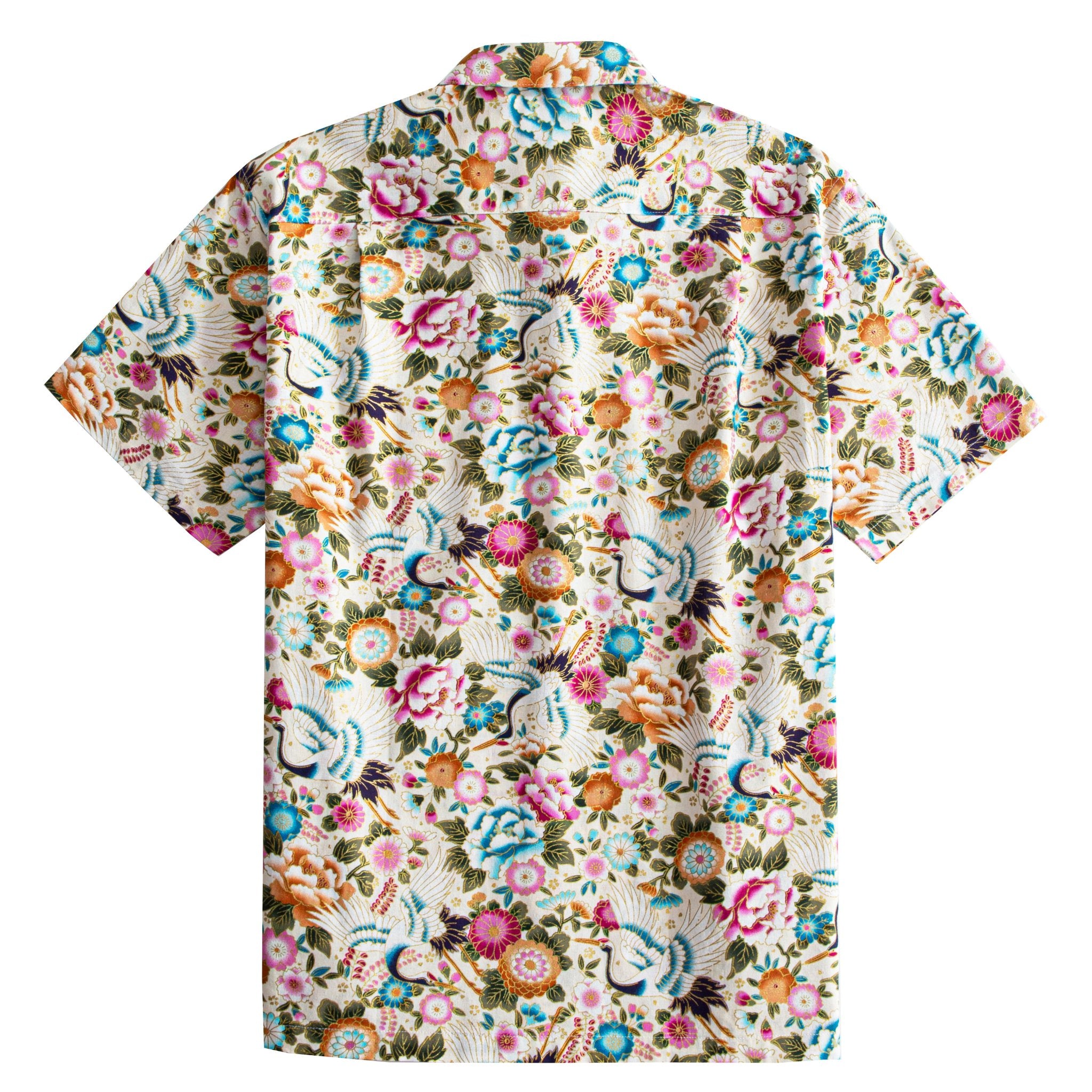 OROMEN Red-crowned Crane Peony Aloha Shirt – 100% Cotton Japanese Print