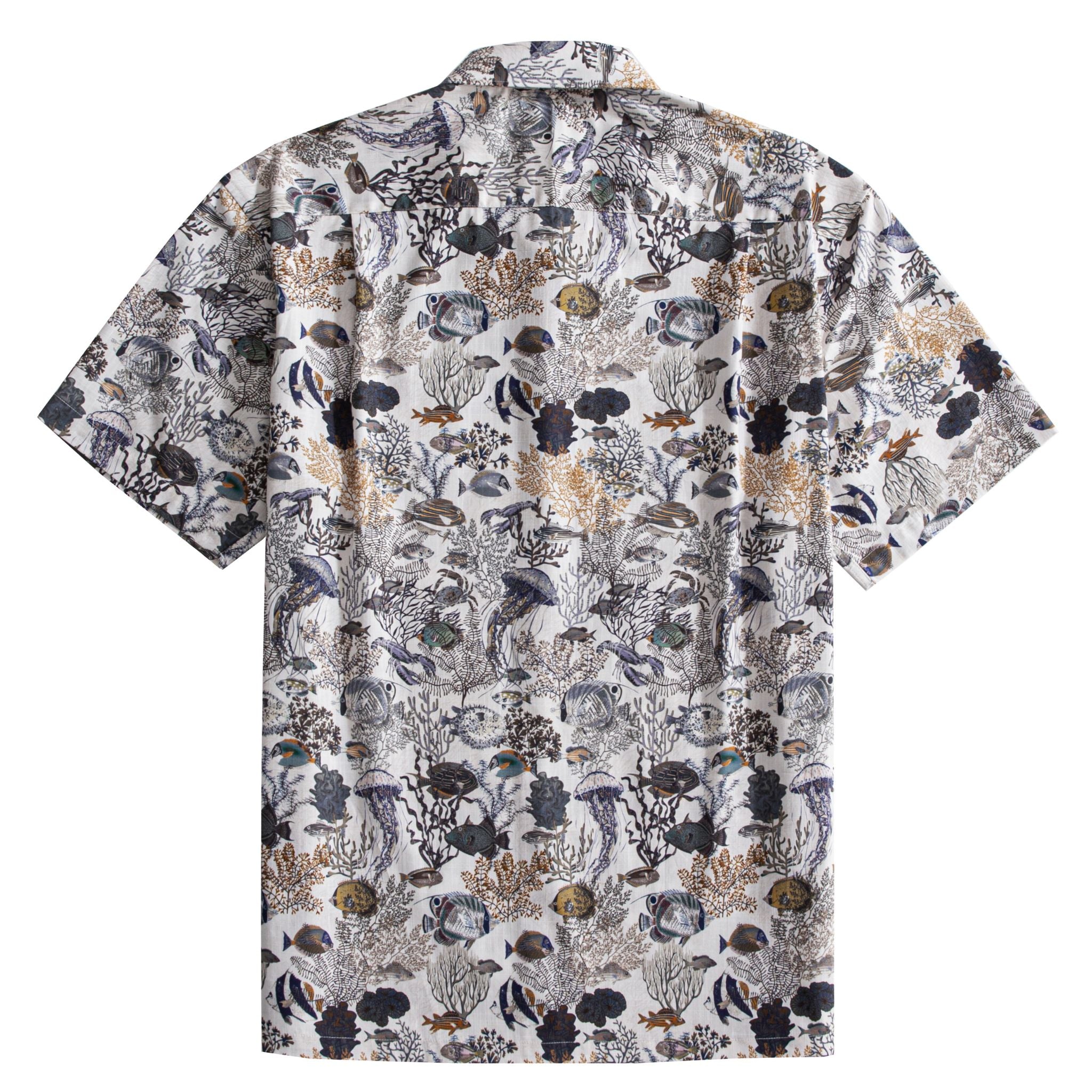 OROMEN Reef Atlas Hawaiian shirt – back view with full marine naturalist print, tropical fish and coral on white