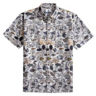 OROMEN Reef Atlas Hawaiian shirt flat lay – white with hand-painted marine naturalist print, tropical fish, coral and coconut buttons