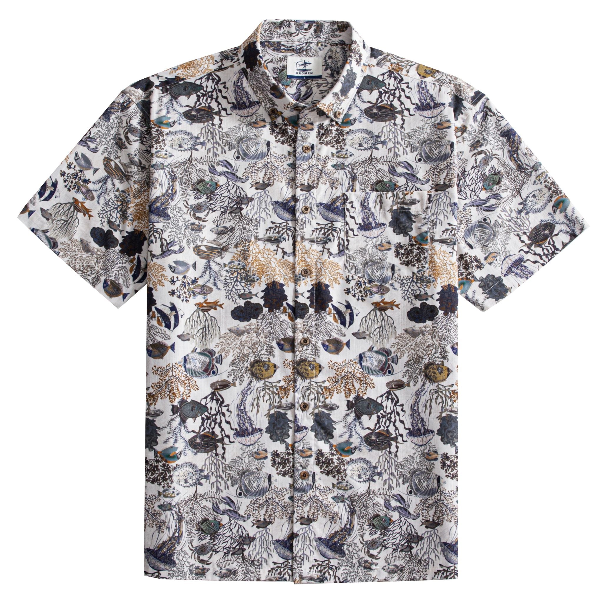 OROMEN Reef Atlas Hawaiian shirt flat lay – white with hand-painted marine naturalist print, tropical fish, coral and coconut buttons