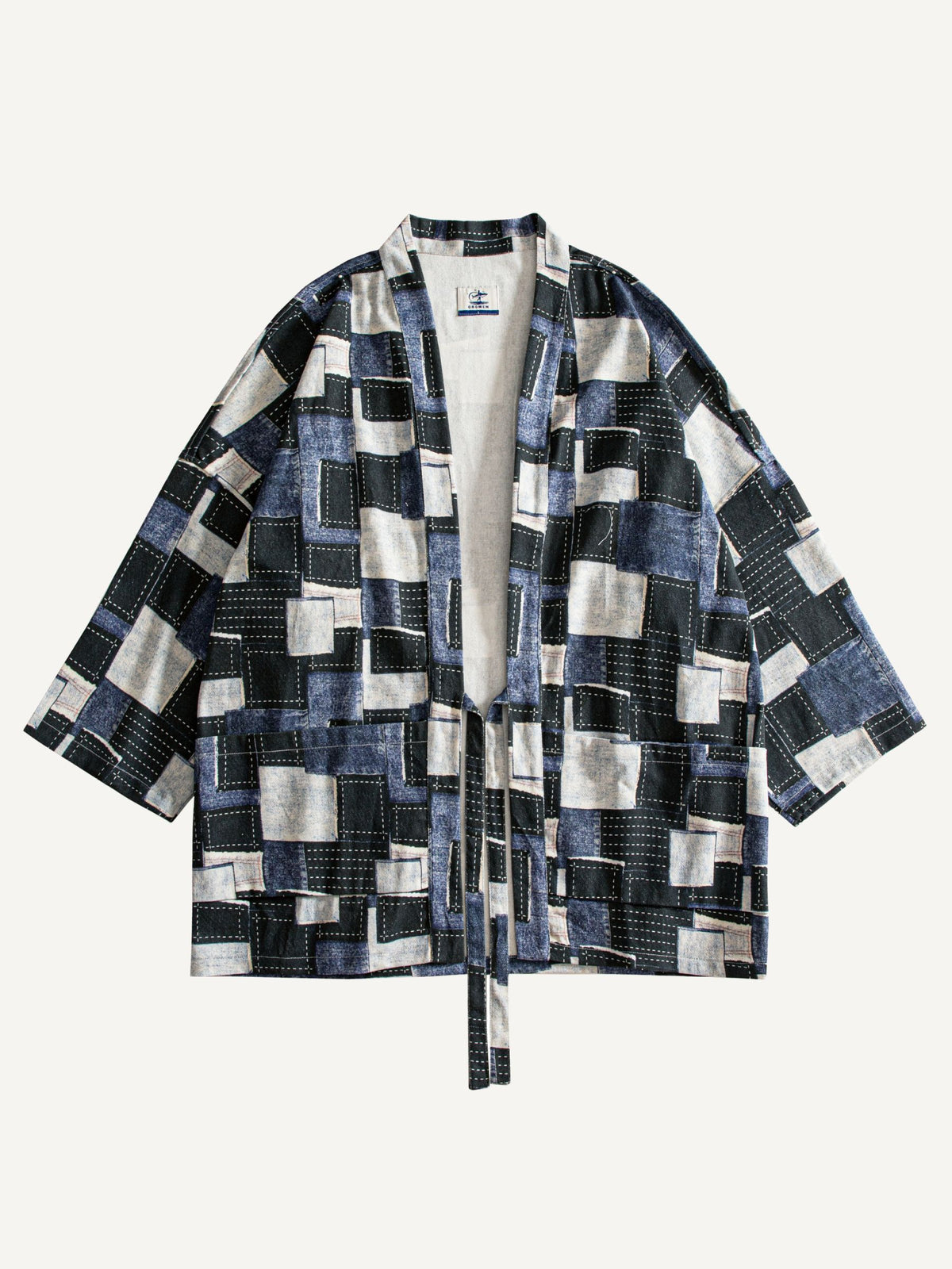 OROMEN Retro Geometric Patchwork Kimono Cardigan laid flat, front view
