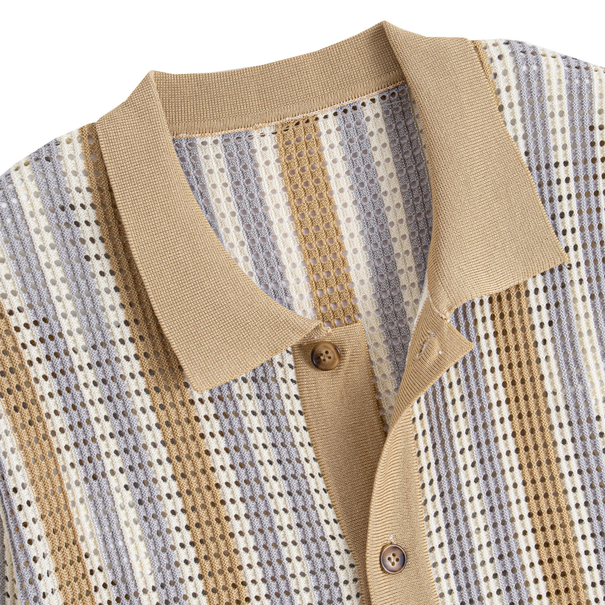 Retro Stripe Open-Knit Mesh Polo Shirt | Ice Silk Viscose | OROMEN