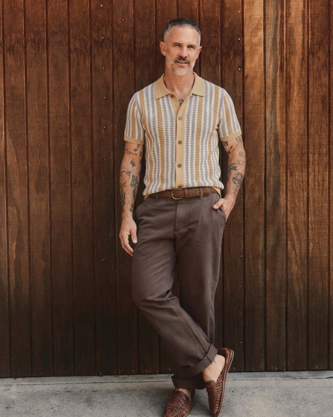 OROMEN Retro Stripe Open-Knit Mesh Polo Shirt in Khaki – in Model