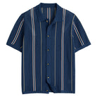 OROMEN Retro Striped Knit Polo Shirt in Navy – Front View