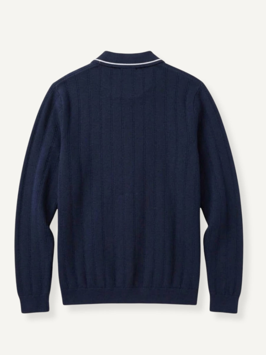OROMEN Ribbed Contrast Knit Polo back flat lay showing clean vertical ribbed knit texture