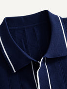 OROMEN Ribbed Contrast Knit Polo collar detail showing polo spread collar with white piping