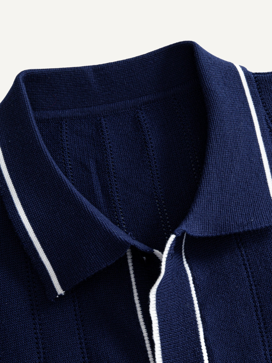 OROMEN Ribbed Contrast Knit Polo collar detail showing polo spread collar with white piping