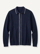 OROMEN Ribbed Contrast Knit Polo front flat lay in navy blue with white contrast piping