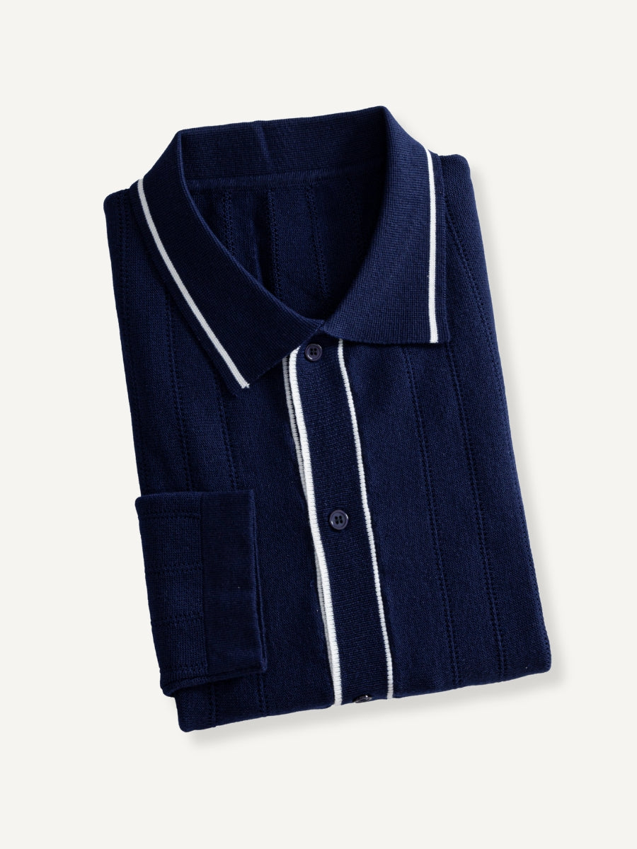 OROMEN Ribbed Contrast Knit Polo neatly folded flat lay displaying contrast collar and navy knit