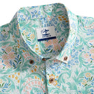 OROMEN Rococo Bloom Hawaiian shirt – brand label and engraved coconut buttons detail on Baroque floral print collar