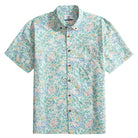 OROMEN Rococo Bloom Hawaiian shirt flat lay – mint green with hand-painted Baroque scroll and tropical floral print, coconut buttons