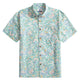 OROMEN Rococo Bloom Hawaiian shirt flat lay – mint green with hand-painted Baroque scroll and tropical floral print, coconut buttons