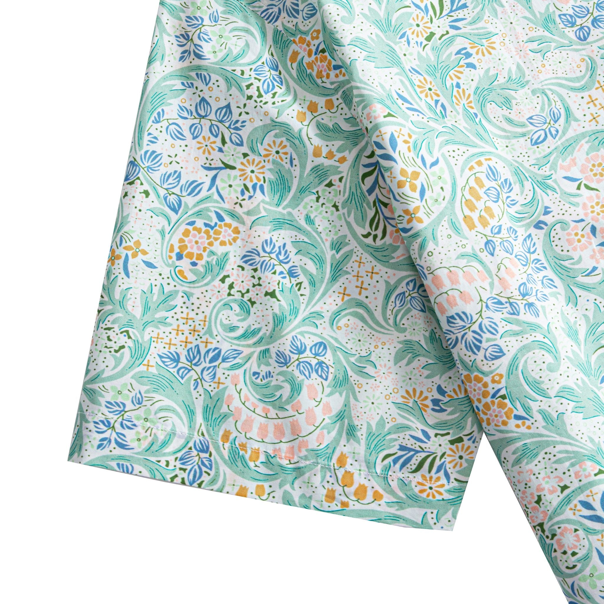 OROMEN Rococo Bloom Hawaiian shirt – short sleeve hem with mint green Baroque scroll and tropical floral print on white cotton