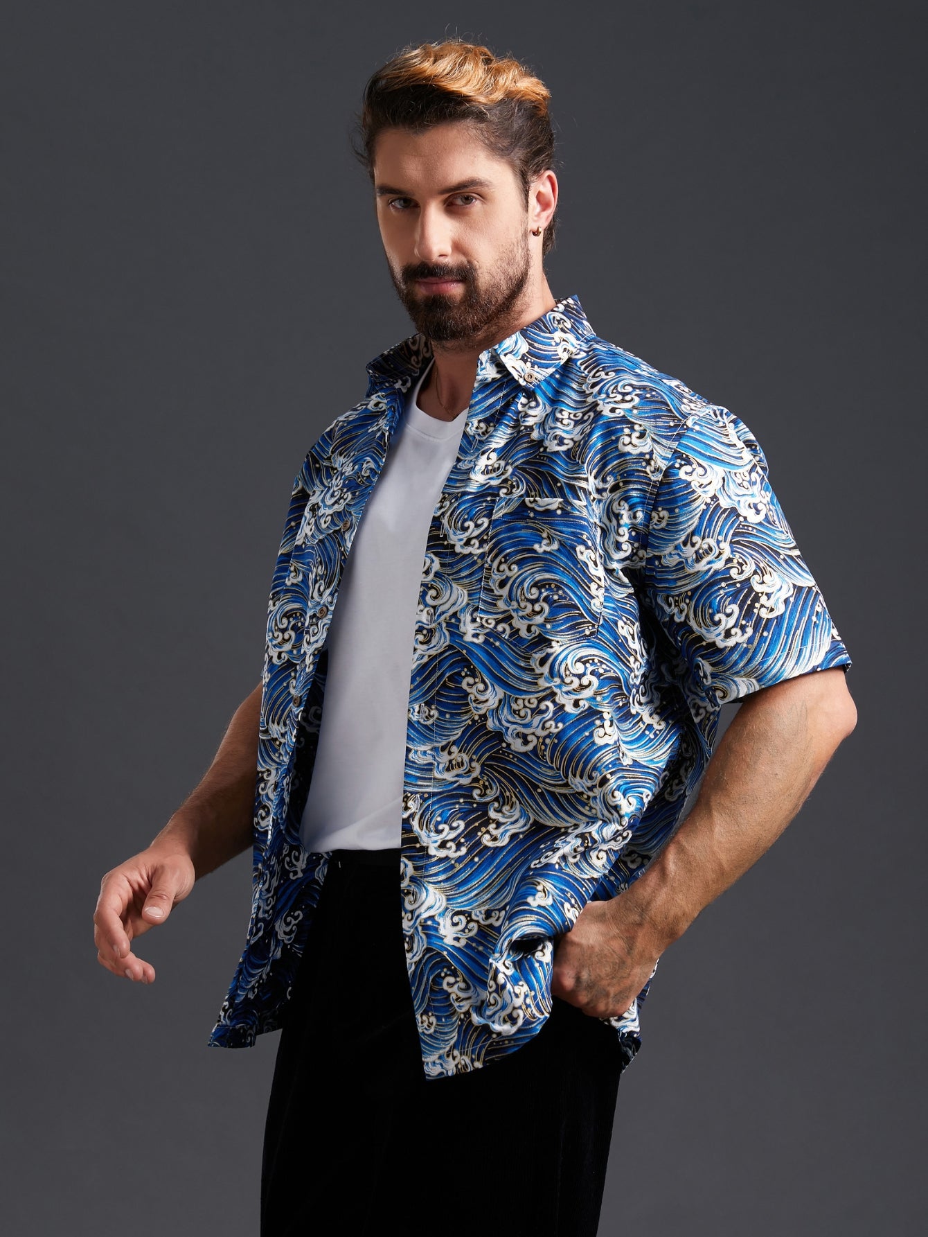 OROMEN Rolling Waves Aloha Shirt – Model Campaign Shot