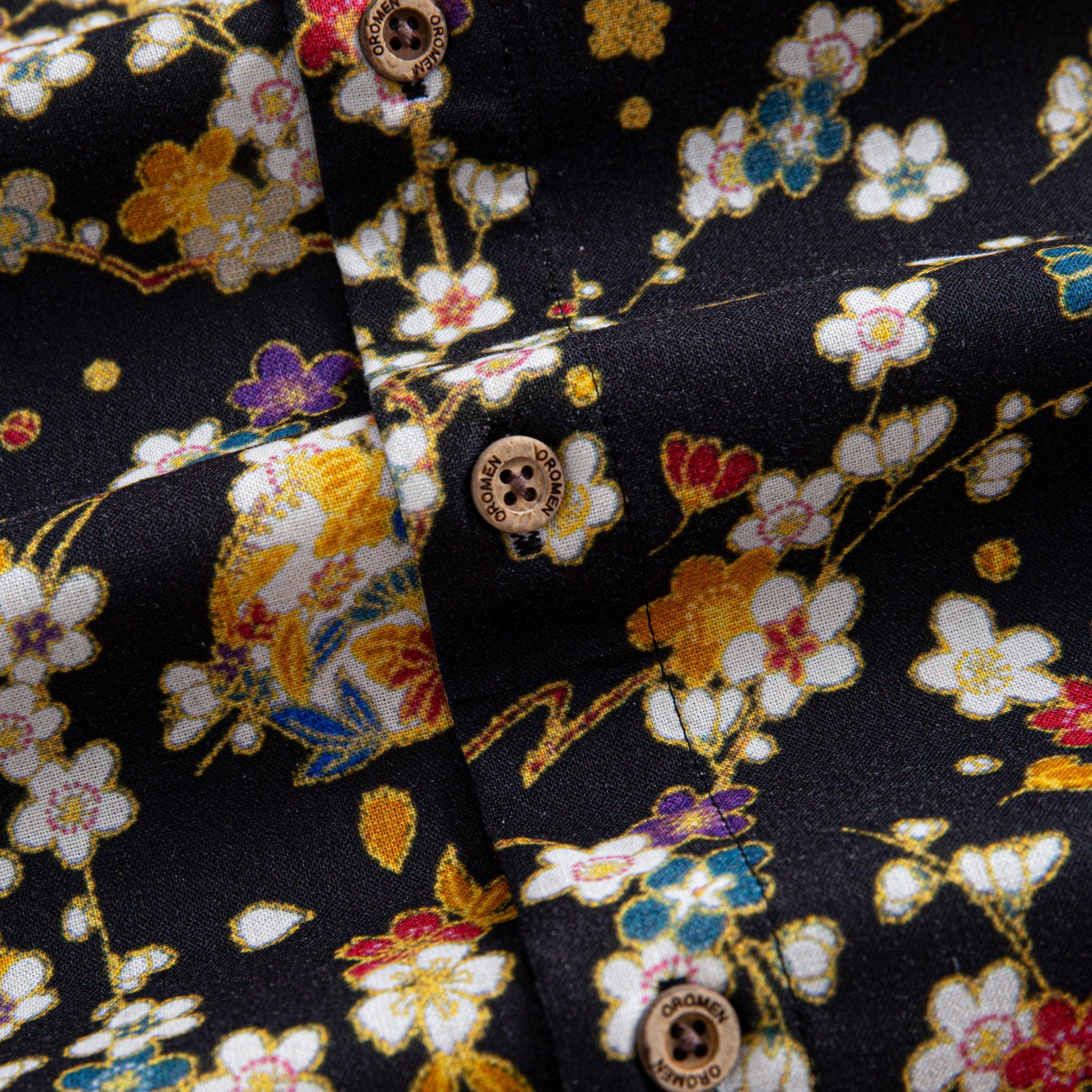 OROMEN Sakura Bloom Shirt – Natural Coconut Buttons Close-Up