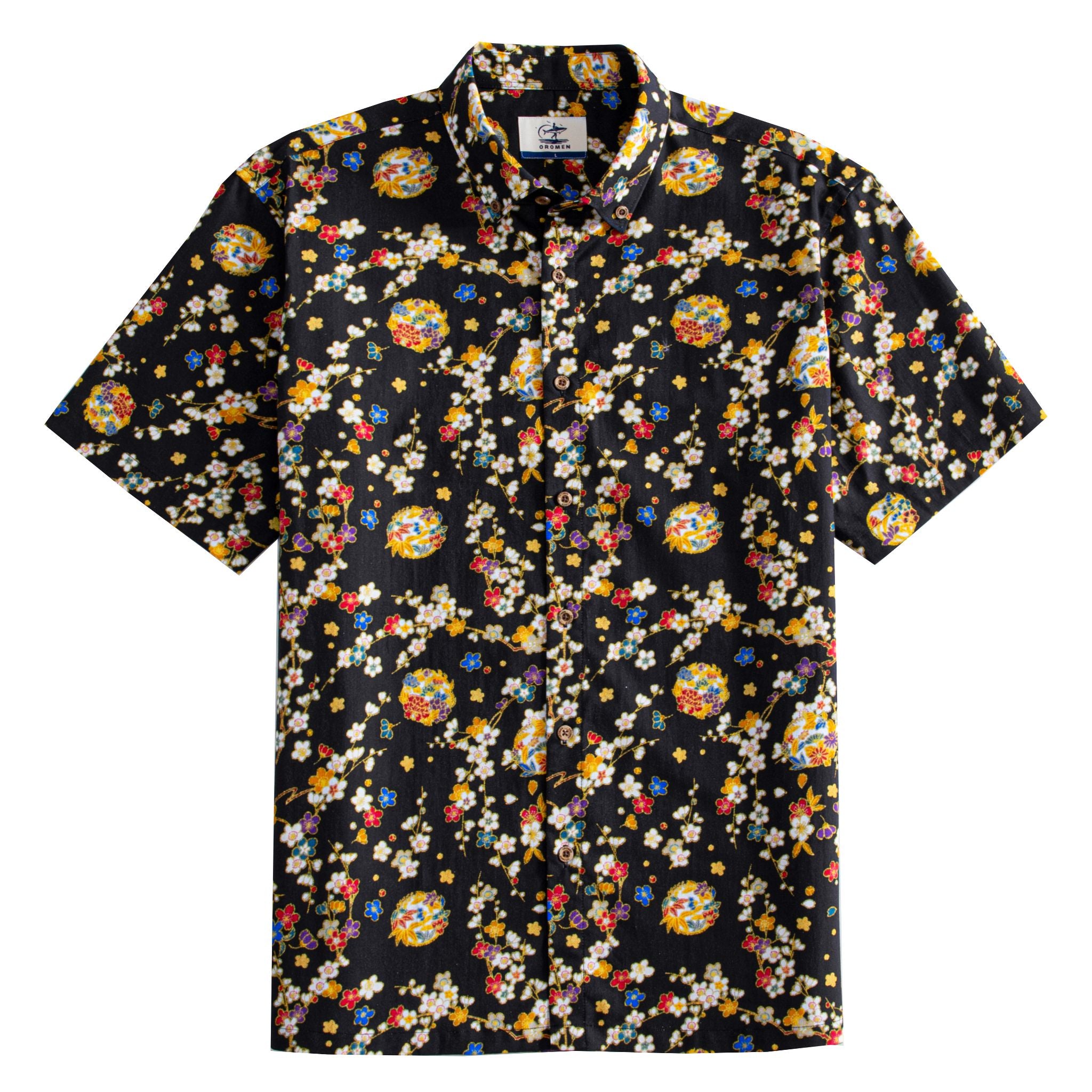 OROMEN Sakura Bloom Shirt – Front View, 100% Cotton Men's Button-Down