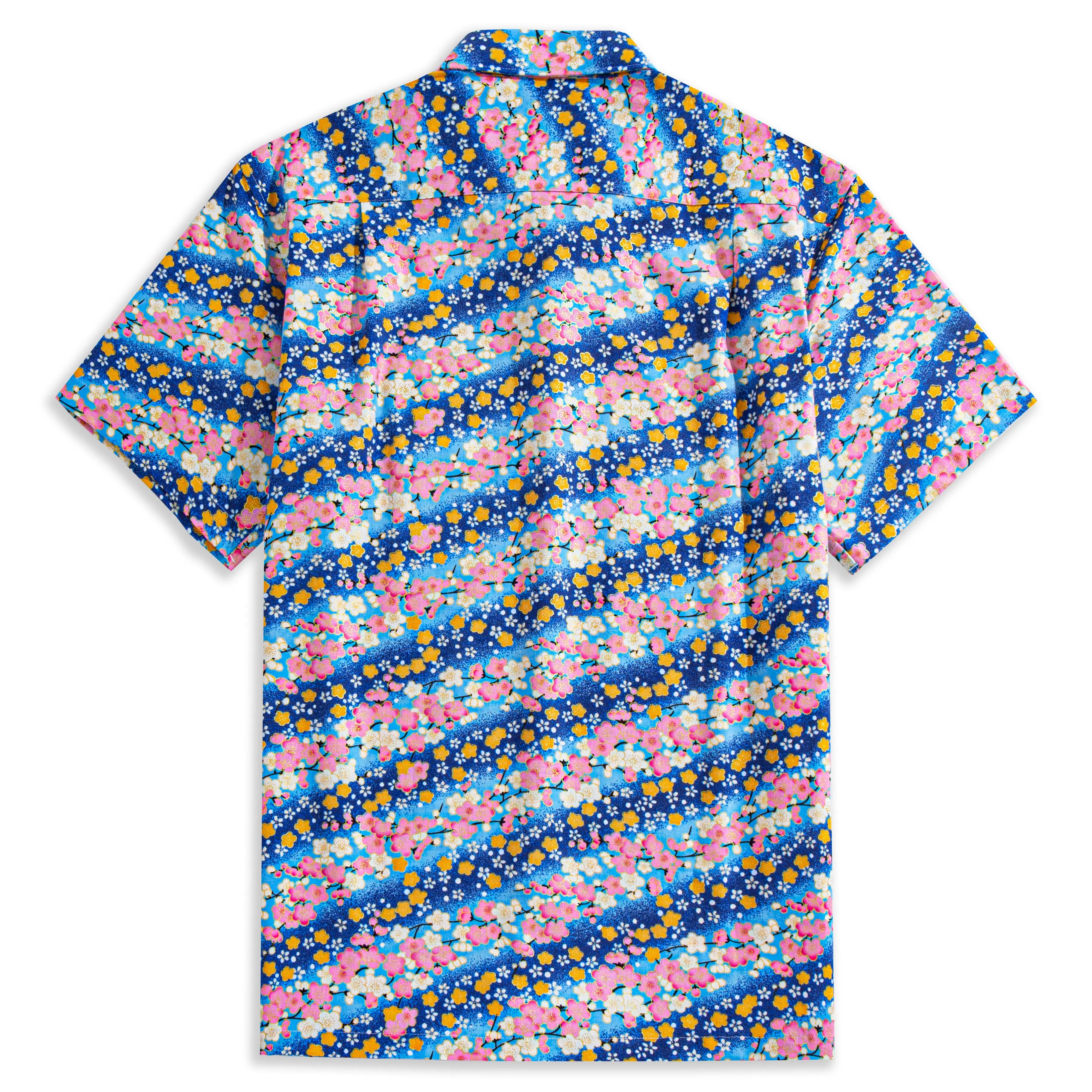 OROMEN Sakura Blooms Hawaiian Shirt – Blue Cotton, Pink Cherry Blossom and Golden Plum Floral Print, Back View