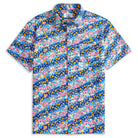 OROMEN Sakura Blooms Hawaiian Shirt – Blue Cotton, Pink Cherry Blossom and Golden Plum Floral Print, Front View
