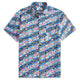 OROMEN Sakura Blooms Hawaiian Shirt – Blue Cotton, Pink Cherry Blossom and Golden Plum Floral Print, Front View