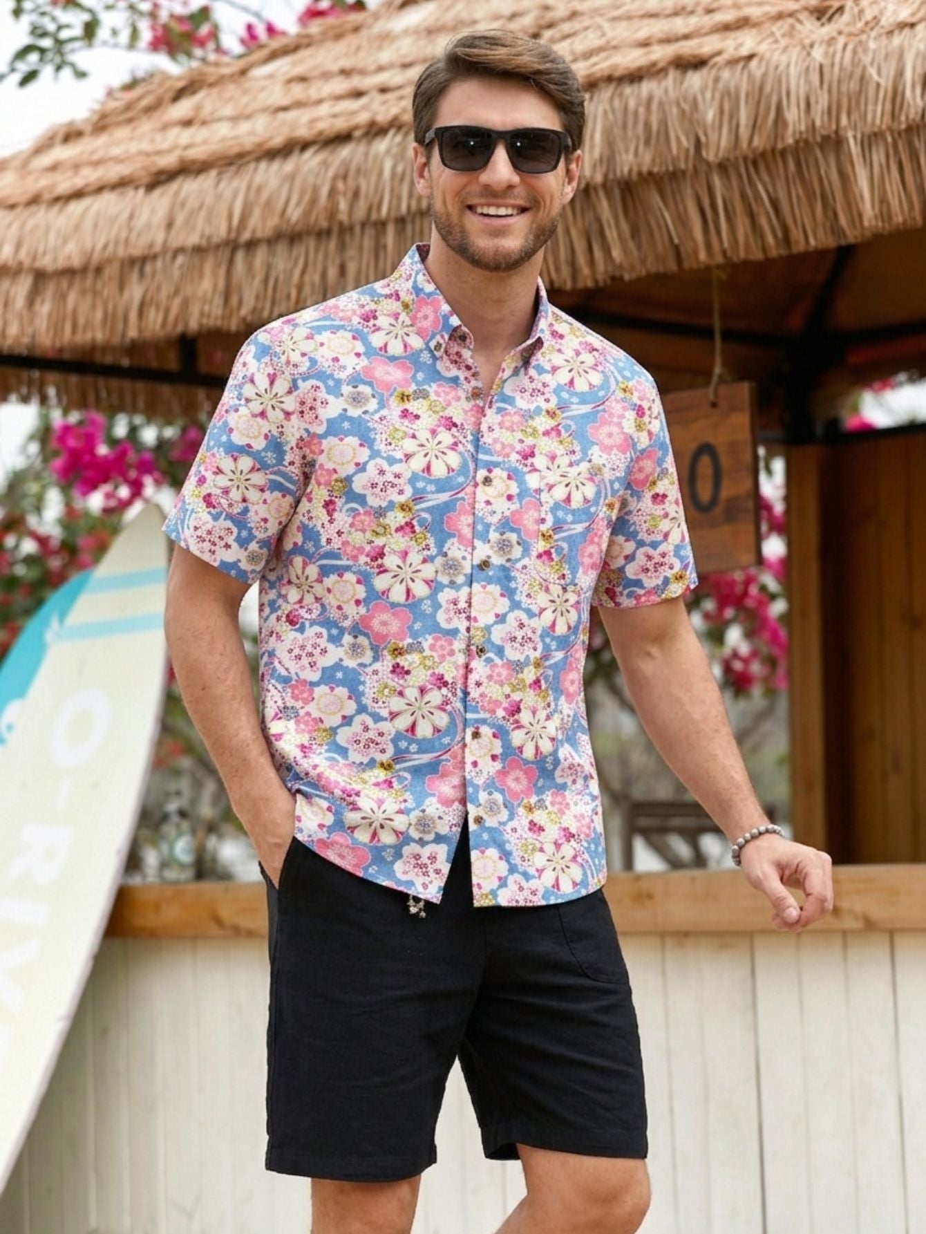 OROMEN Sakura Blooms Hawaiian Shirt – Men's Model Front View, Blue Japanese Cherry Blossom Floral Print