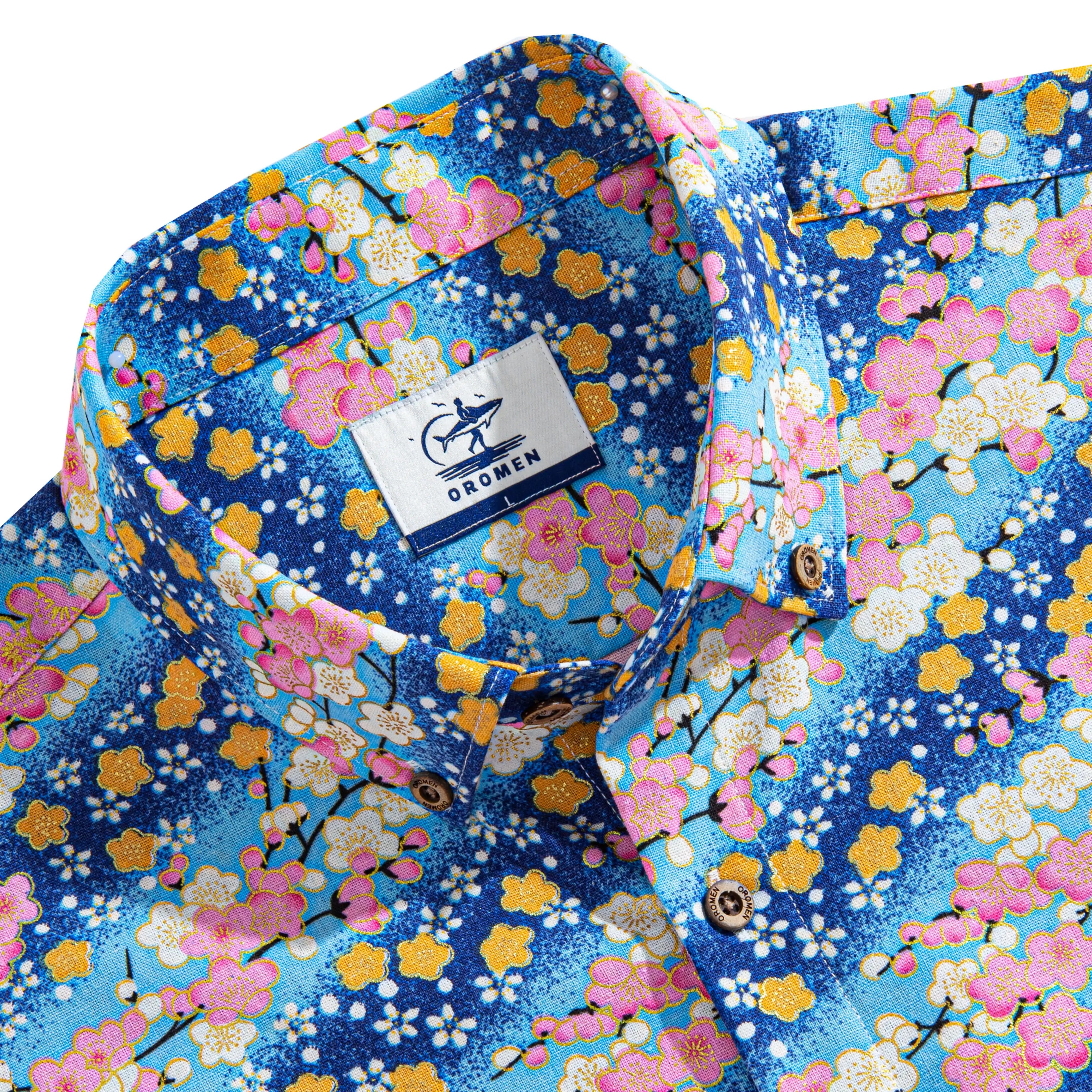 OROMEN Sakura Blooms Shirt – Collar and Brand Label Detail, Coconut Button, Pink Sakura and Golden Floral Print