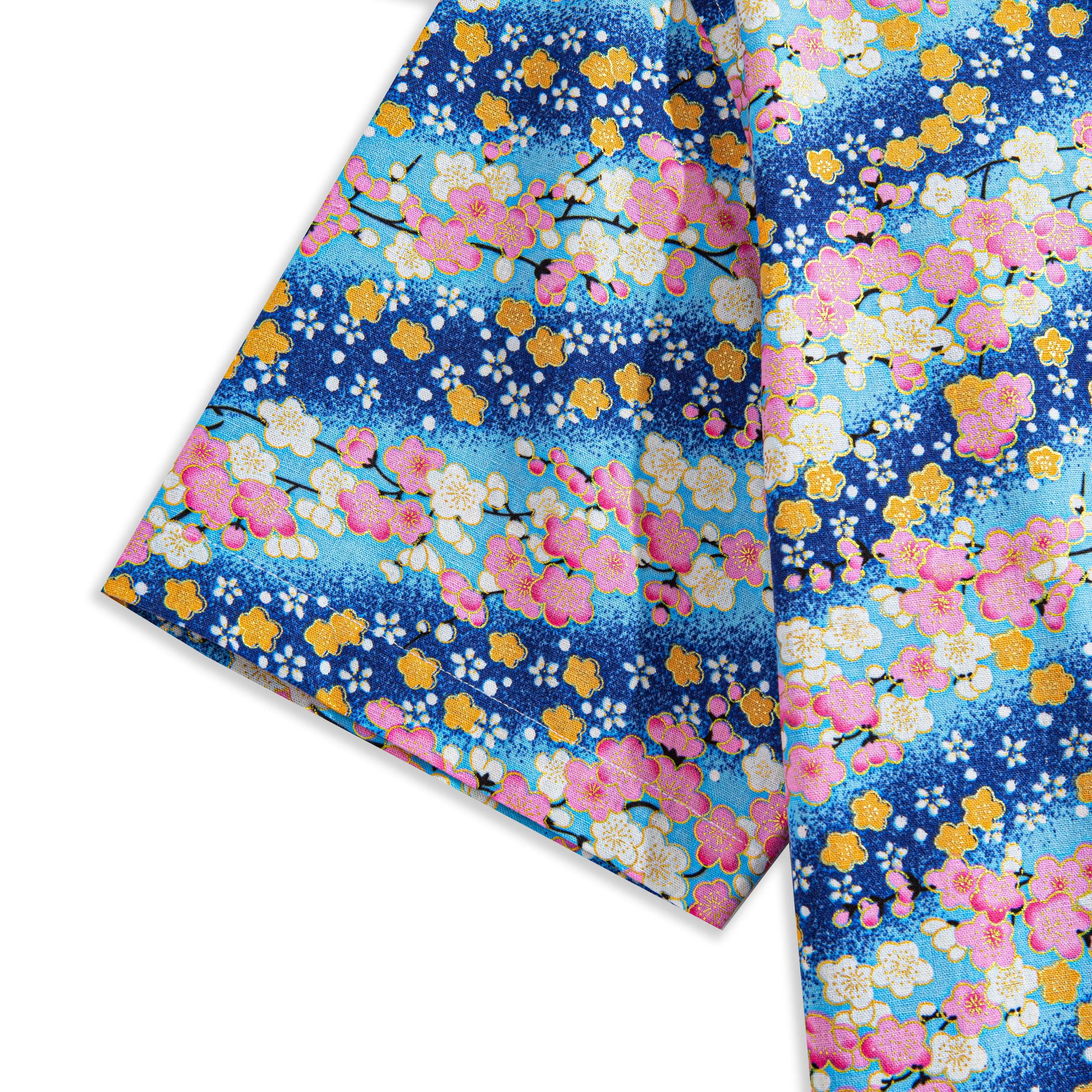 OROMEN Sakura Blooms Shirt – Sleeve Detail, Japanese Wagara Cherry Blossom and Plum Floral Print, Blue Cotton