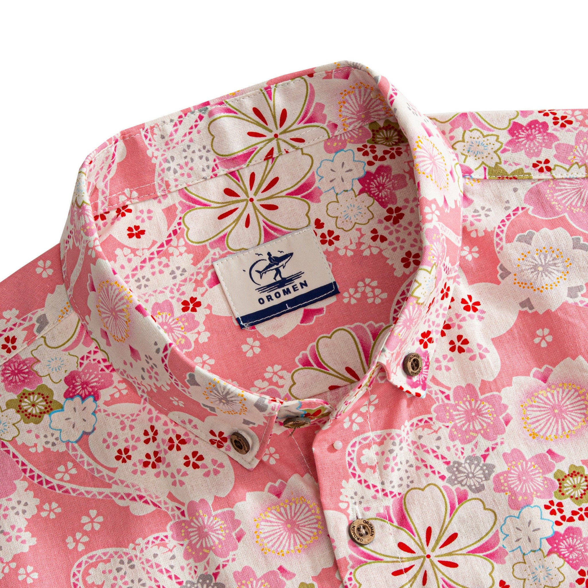 OROMEN Sakura Spheres – button-down collar and coconut buttons detail