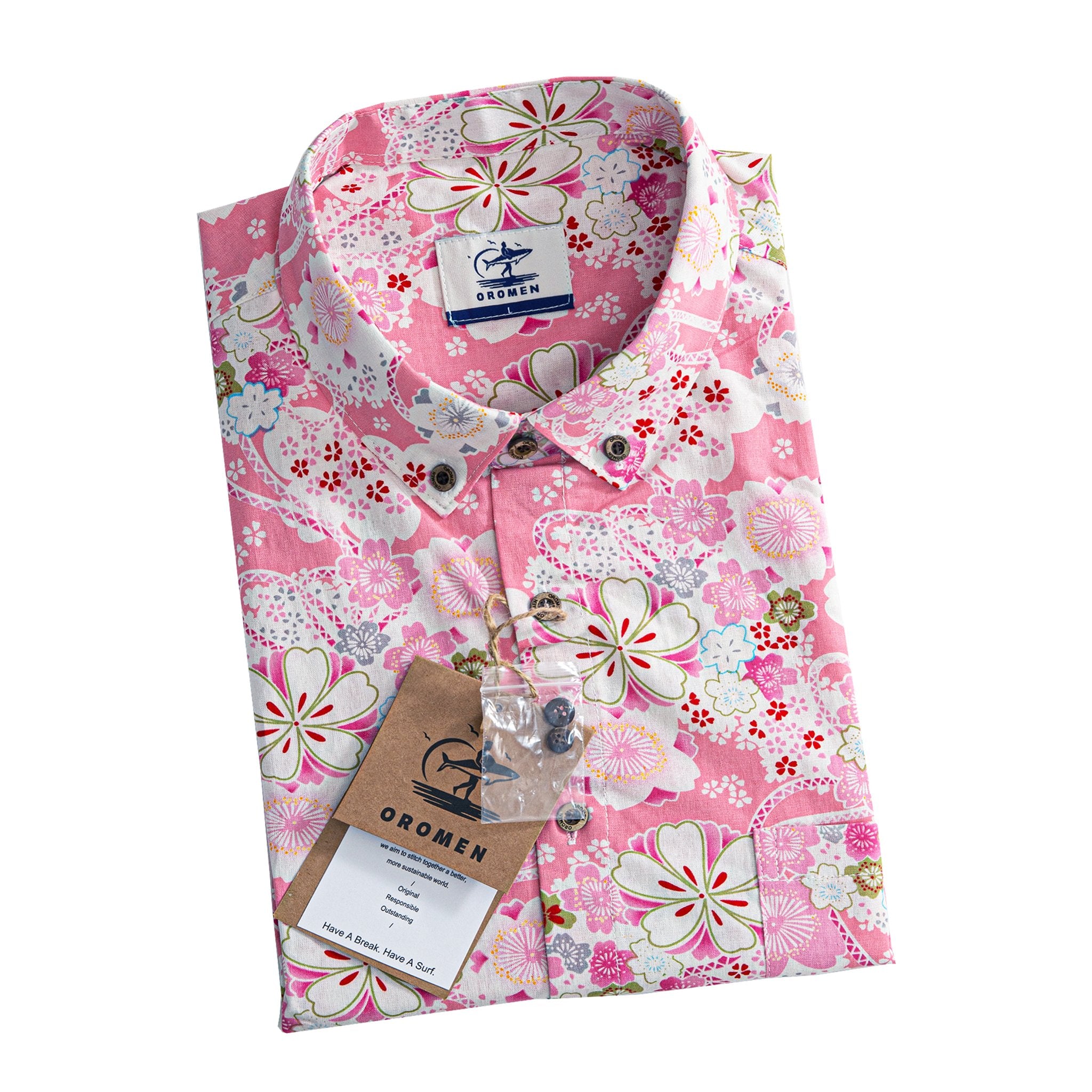 OROMEN Sakura Spheres shirt – model wearing pink three-quarter view