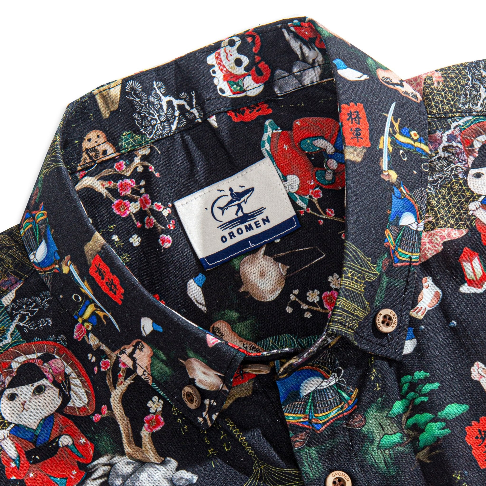 OROMEN Samurai Cat Japanese print shirt – lifestyle flat lay