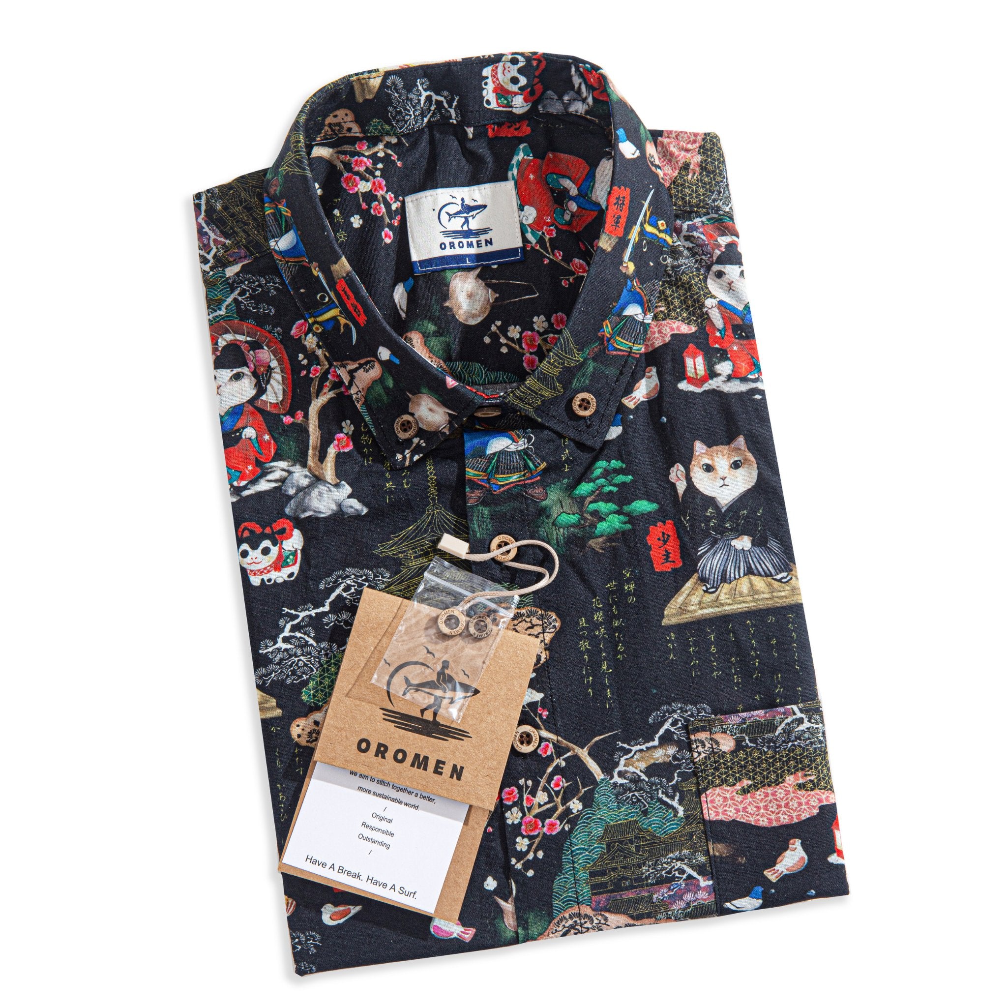 OROMEN Samurai Cat shirt – kimono cat cherry blossom print detail