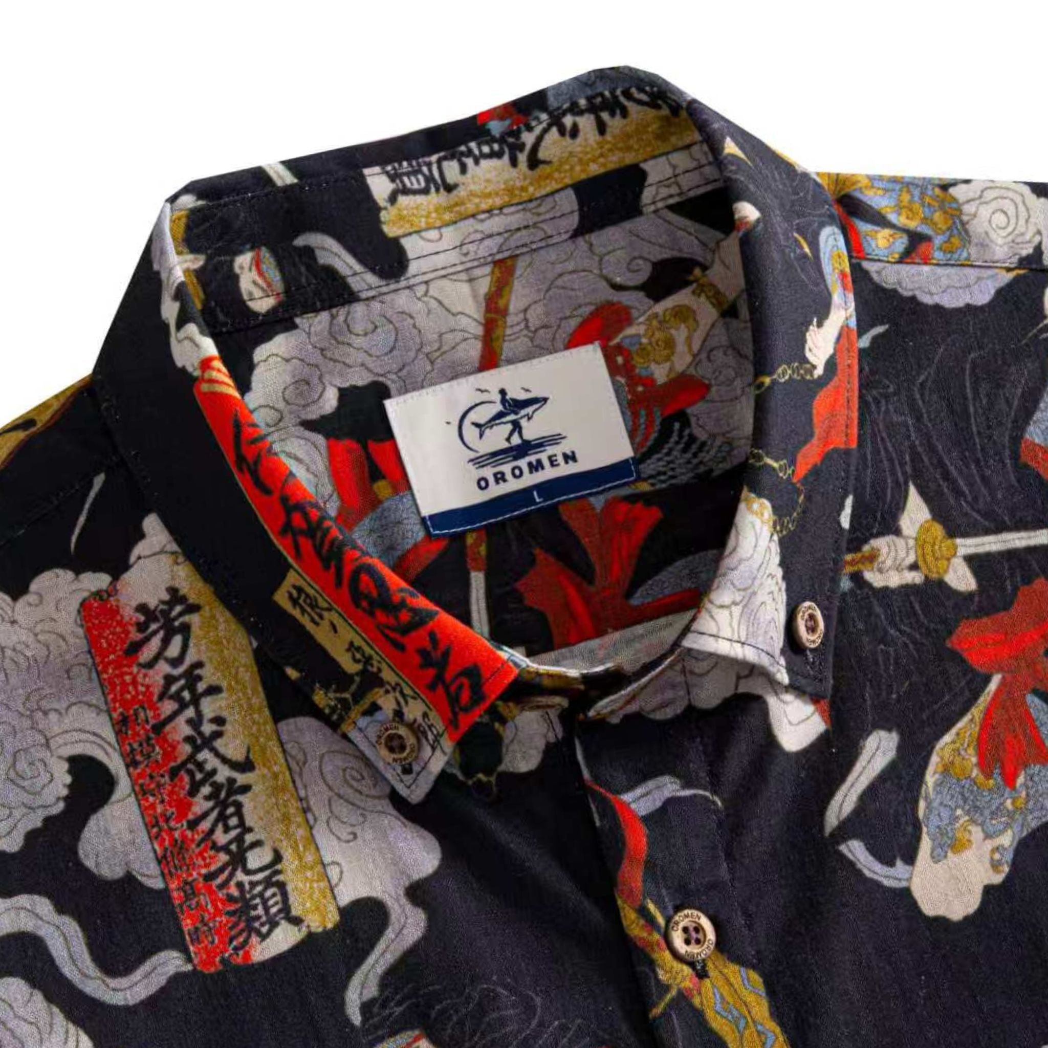 OROMEN Samurai Print Shirt – Collar & Brand Label Detail, Coconut Buttons, Ukiyo-e Print