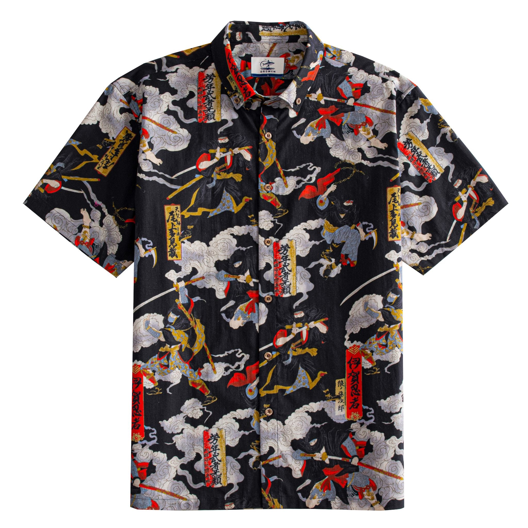 OROMEN Samurai Print Shirt – Front Flat Lay, Black Ukiyo-e Battle Scene with Calligraphy Seals