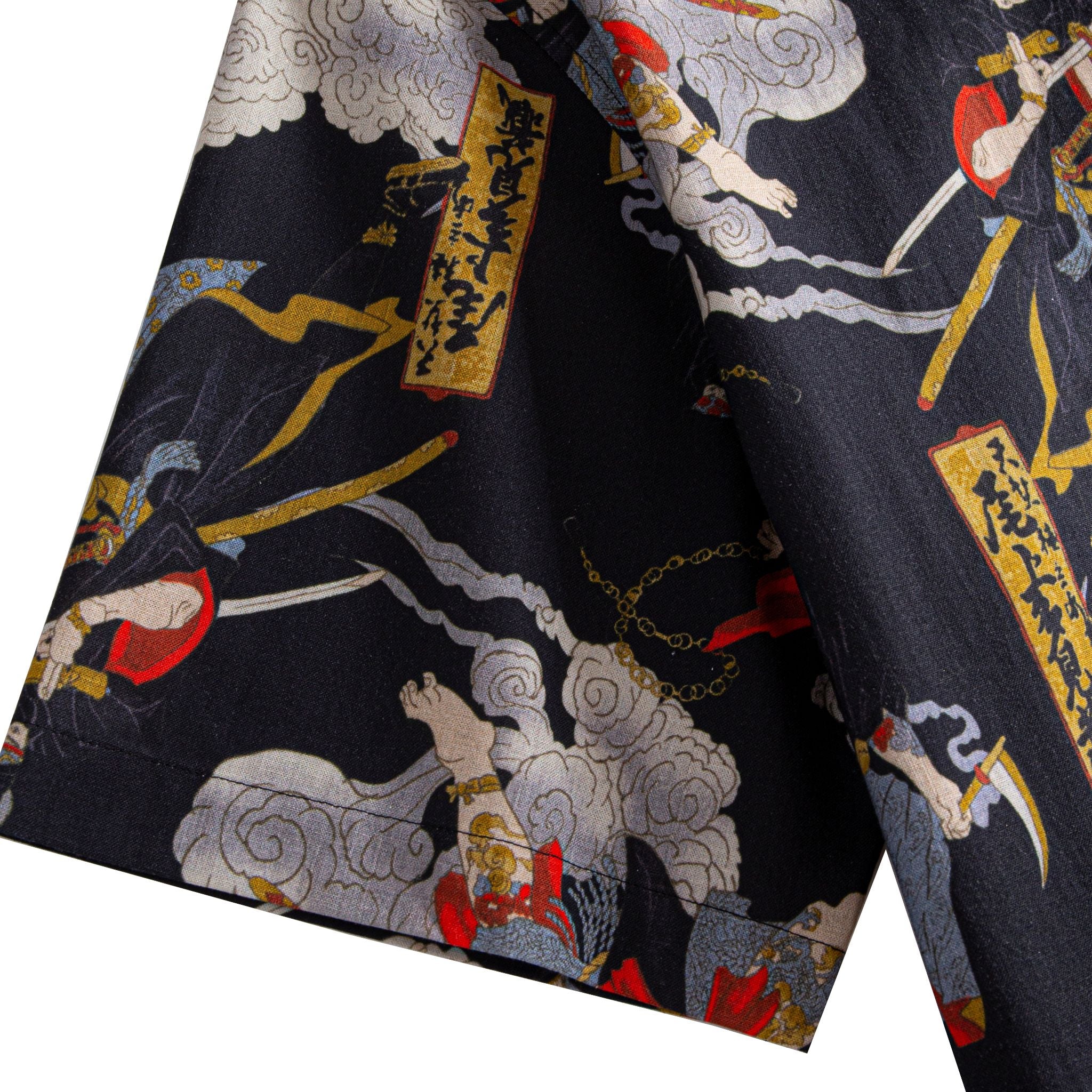OROMEN Samurai Print Shirt – Sleeve Fabric Close-Up, Warrior & Calligraphy Scroll Print Detail