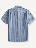 OROMEN Sashiko Chambray Cotton Shirt back flat lay showing continuous sashiko stripes and box pleat