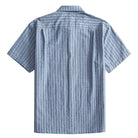 OROMEN Sashiko Chambray shirt back flat lay, full allover navy Sashiko stitch on chambray blue