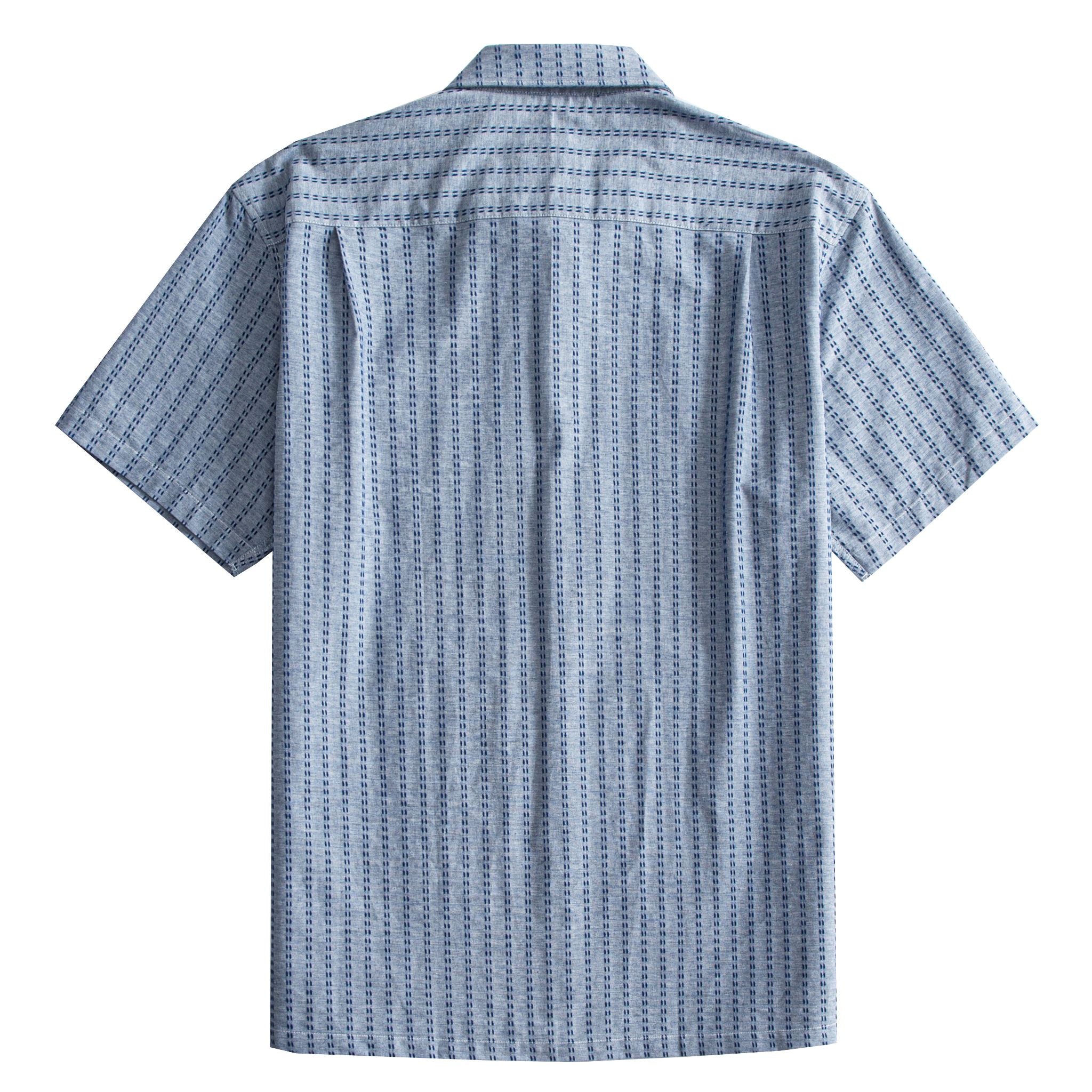 OROMEN Sashiko Chambray shirt back flat lay, full allover navy Sashiko stitch on chambray blue