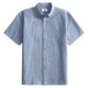 OROMEN Sashiko Chambray shirt front flat lay, allover navy Sashiko stitch on washed chambray blue