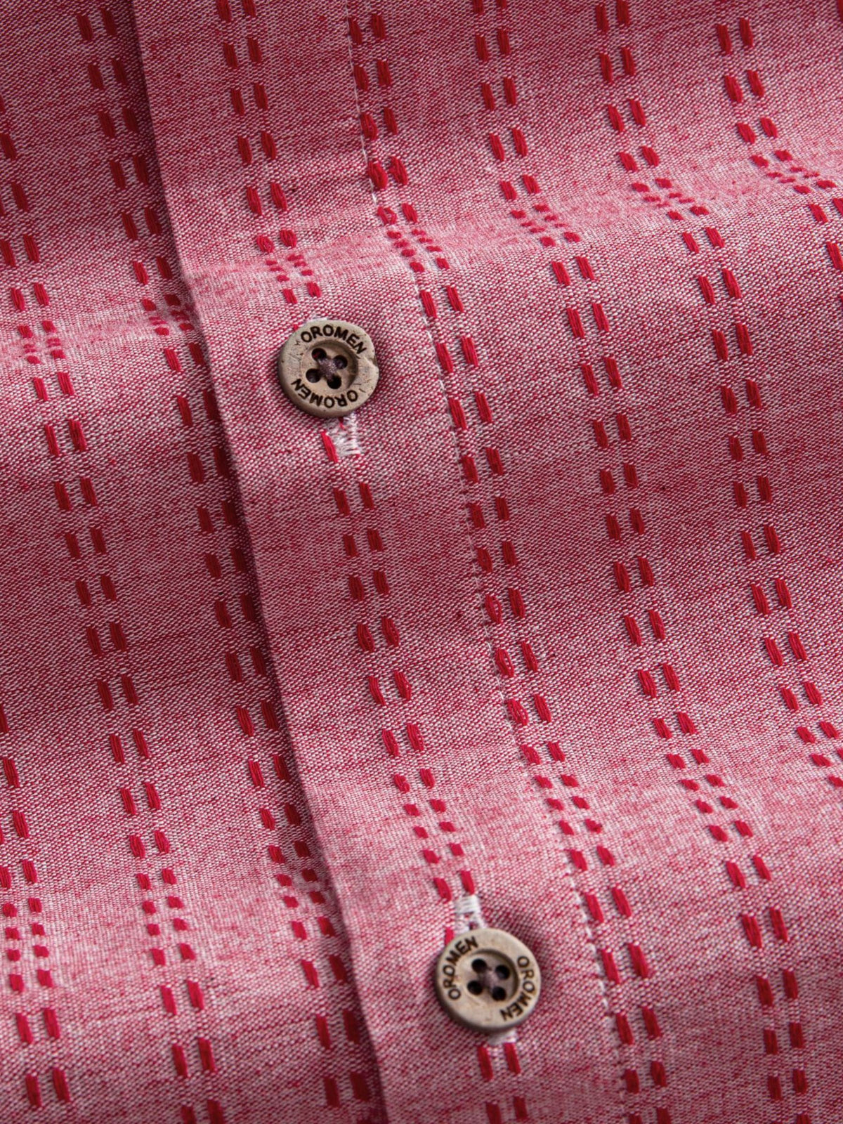 OROMEN Sashiko Cotton Shirt button placket detail featuring authentic natural coconut buttons