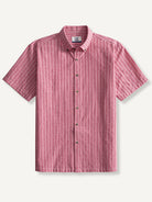 OROMEN Sashiko Cotton Shirt front flat lay in coral pink with vertical sashiko stitch stripes