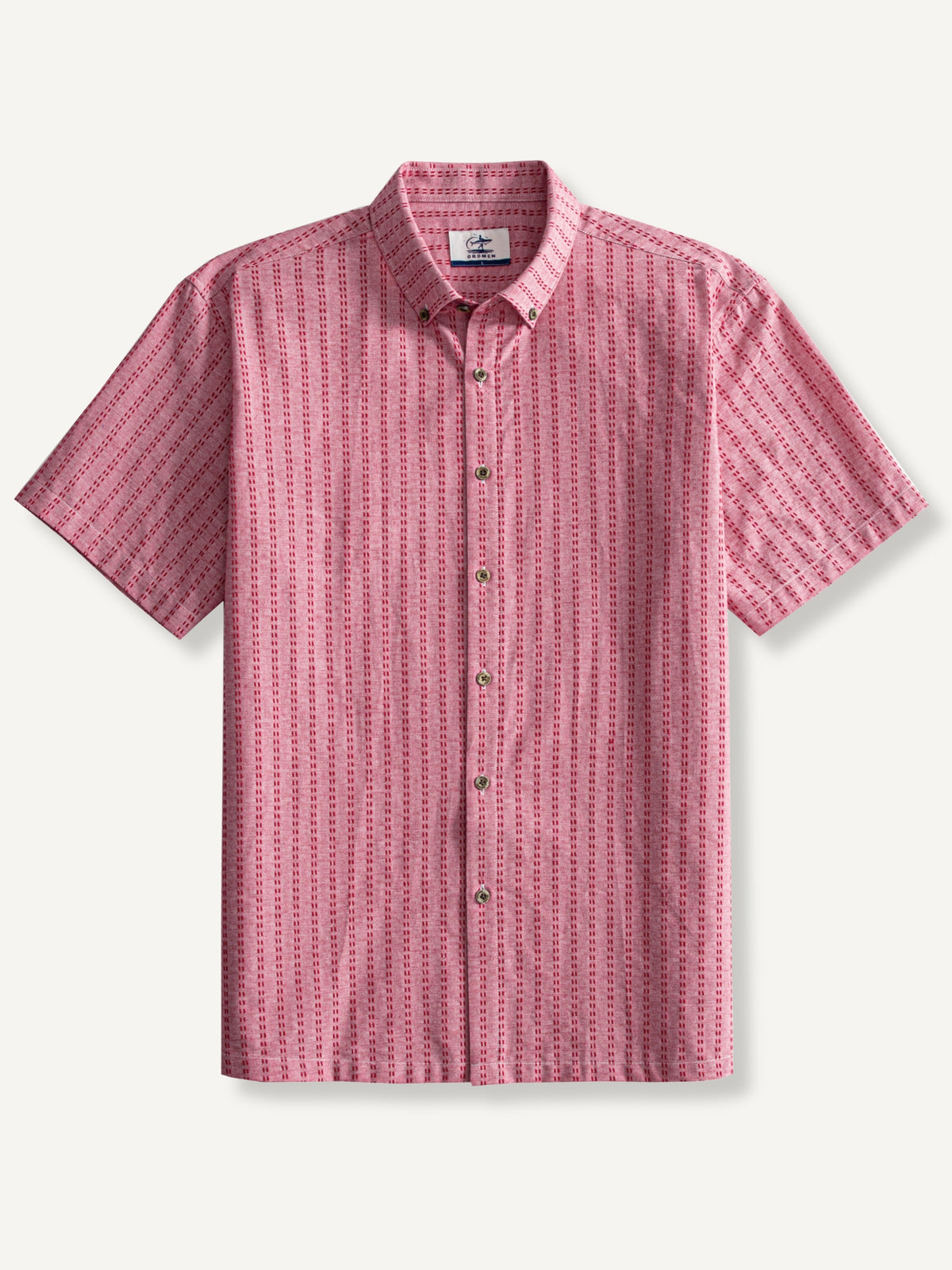 OROMEN Sashiko Cotton Shirt front flat lay in coral pink with vertical sashiko stitch stripes