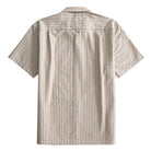 OROMEN Sashiko Natural shirt back flat lay, full allover tan Sashiko stitch stripe on oatmeal