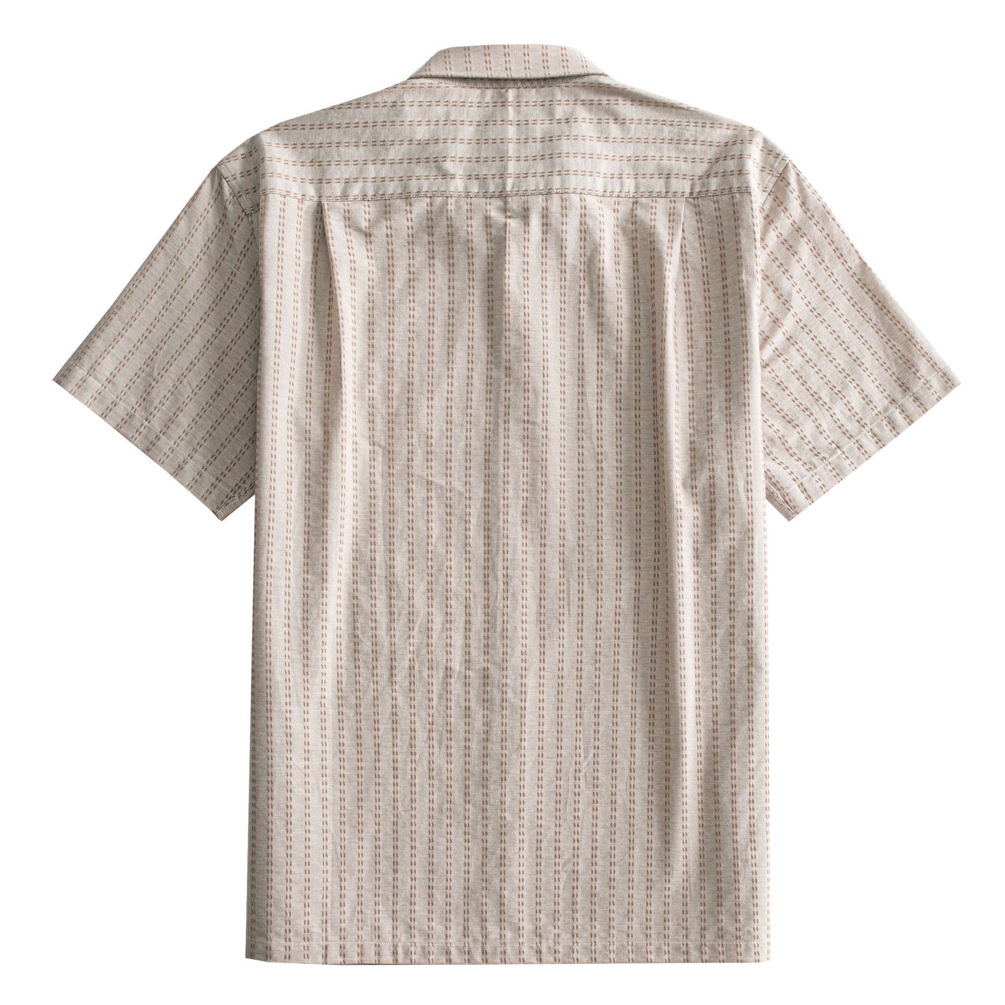 OROMEN Sashiko Natural shirt back flat lay, full allover tan Sashiko stitch stripe on oatmeal