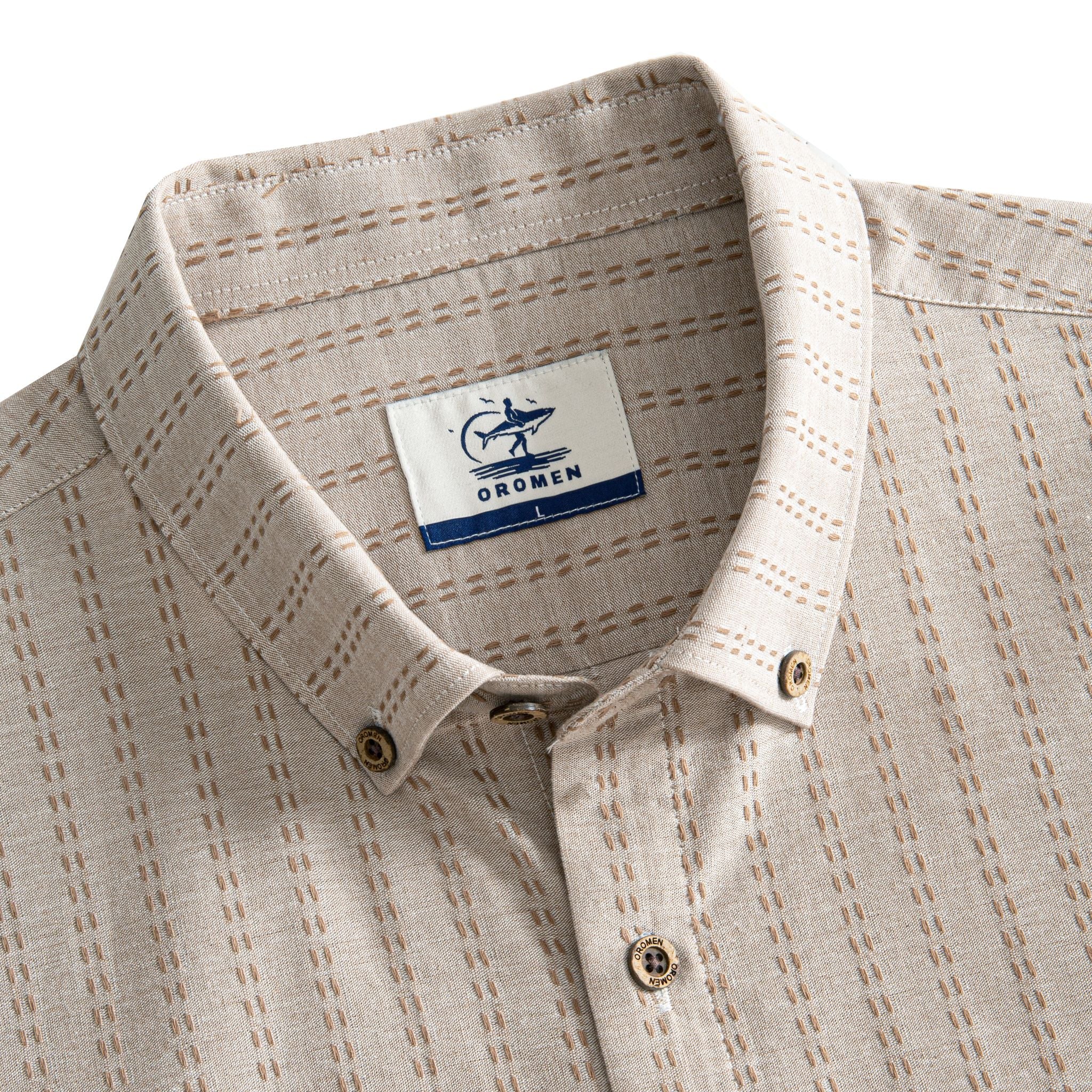 OROMEN Sashiko Natural shirt camp collar and branded label detail, tan Sashiko stitch on oatmeal