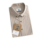 OROMEN Sashiko Natural shirt folded with branded tag and coconut buttons detail