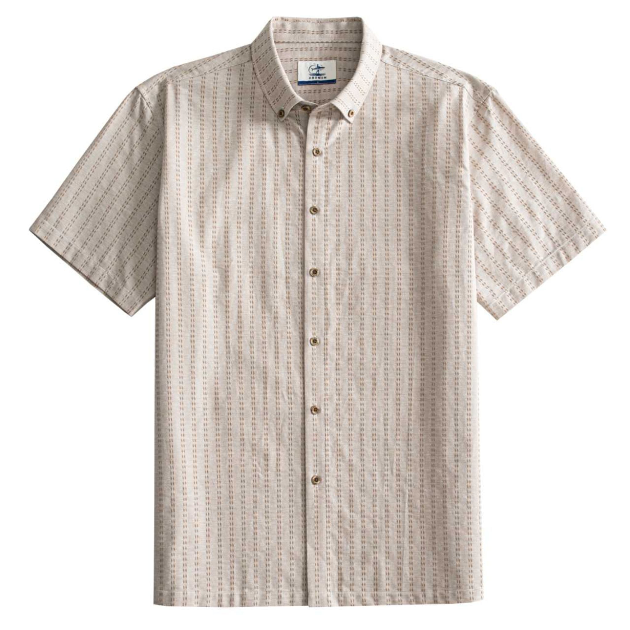 OROMEN Sashiko Natural shirt front flat lay, allover tan Sashiko stitch stripe on oatmeal cotton