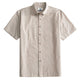 OROMEN Sashiko Natural shirt front flat lay, allover tan Sashiko stitch stripe on oatmeal cotton