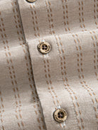 OROMEN Sashiko Stripe Cotton Shirt button placket detail featuring authentic natural coconut buttons